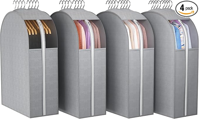 10" Gusseted Garment Bags for Hanging Clothes with Clear Window, 32" Suit Bags for Open Closet Storage, Clothing Cover for Coat, Dress, Jacket, Shirt, Fur Wardrobe Protector, 4 Packs