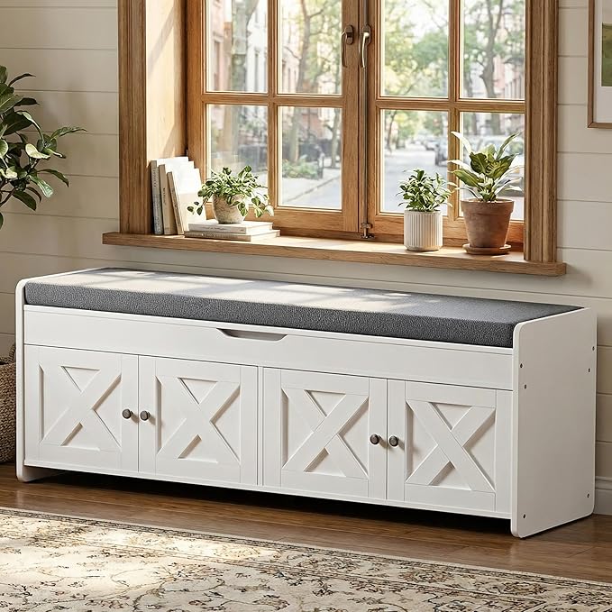 Amada Shoe Storage Bench with Cushion, 47.2" Long Entryway Bench with Lift Top Storage, 4-Door Shoe Bench with Adjustable Shelves, 300 lb Capacity for Entryway, Bedroom, Living Room, Classic White