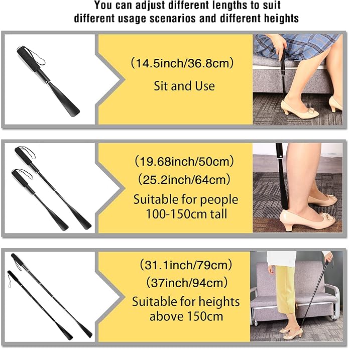 JJDPARTS Shoe Horn Long Handle,14.5"-37" Retractable Shoe Horn,Aluminum Shoe Horn For Men Women Kids Seniors