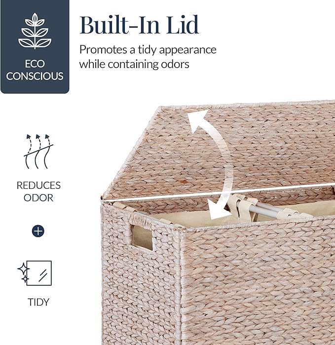 Best Choice Products Large Double Laundry Hamper with Lid, Natural Handwoven Water Hyacinth, 2 Sections w/ 2 Machine Washable Linen Liner Bags, Portable, Handles - Whitewash