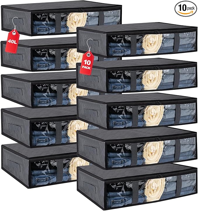 10 Pack Under Bed Storage Containers for Clothes Folding Storage Bins with Clear Window and Reinforced Handles Underbed Storage Containers for Organization and Storage Clothing Blankets