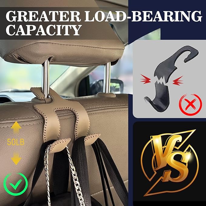 Upgraded Headrest Hooks for Purses and Bags, 2 in 1 Car Back Seat Head Rest Hanger Matching Cars Interior Genuine Leather Vehicle Storage Holder Hook, 2 Pack, Gray