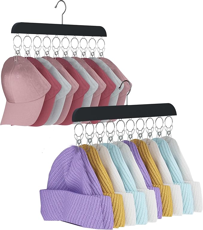 2 Pack Hat Hangers for Closet,Wooden Hat Rack with 10 Metal Clips for Saving Space, Hat Organizer for Baseball Caps,Skullies,Beanies,Visors(Black)