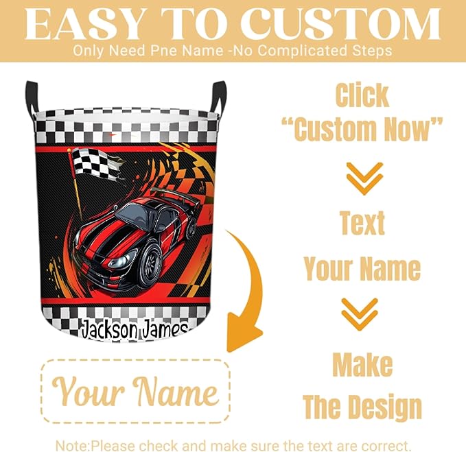 Personalized Car Racing Laundry Basket, Custom Laundry Hamper With Name Gifts For Kids Baby Adults, Collapsible Dirty Clothes Storage Organizer With Handles S 16.5 X 13.8in