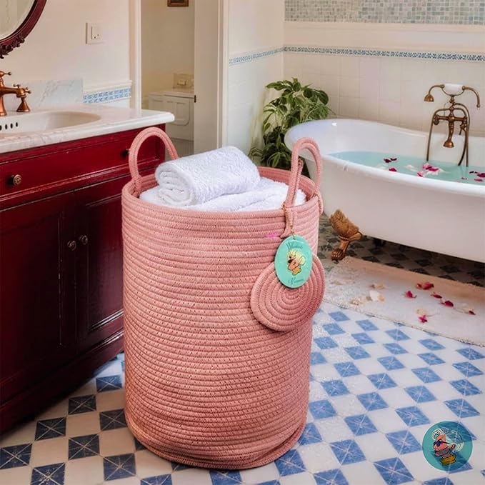 Modern Granny Extra Large Cotton Rope Laundry Hamper 16x22 Inch Dual Secure Woven Handle for Living Room Closet Clothes Blanket Organization