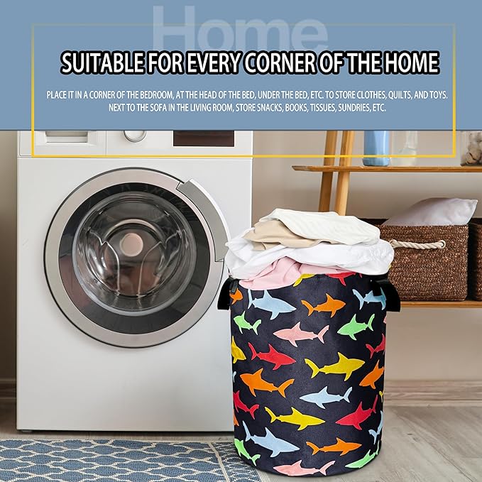 Colorful Shark Laundry Basket Cartoon Pictures Foldable Oxford Cloth Funny Tote Bag Laundry Hamper Clothes Storage Bucket Toy Organizer For Bathroom/Laundry Storage/Bedroom 18.9x16.5 In