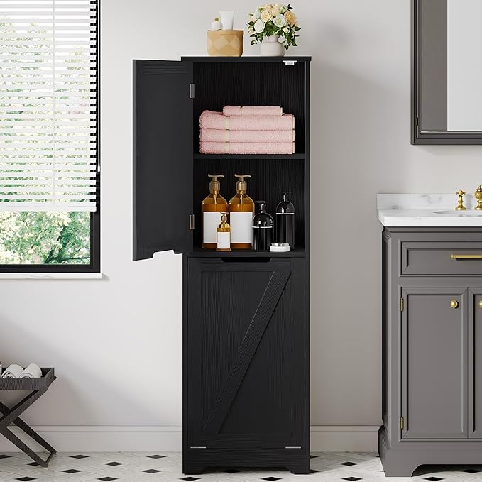 DWVO Tilt Out Laundry Hamper - 53" Tall Bathroom Storage Cabinet Laundry Cabinet with Adjustable Shelves and Clothes Basket, Laundry Hamper Shelf for Laundry Room Bathroom Organizer, Black