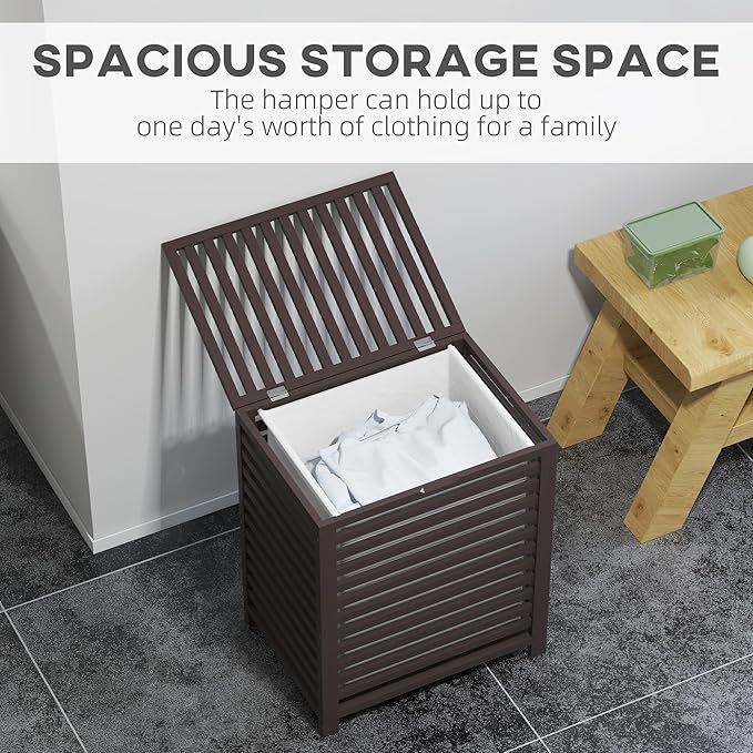 HOMCOM Bamboo Laundry Hamper with Lid, Laundry Basket with Removable Liner Bag, Dirty Clothes Hamper, 19.75 x 14.25 x 23.5 Inches, Coffee