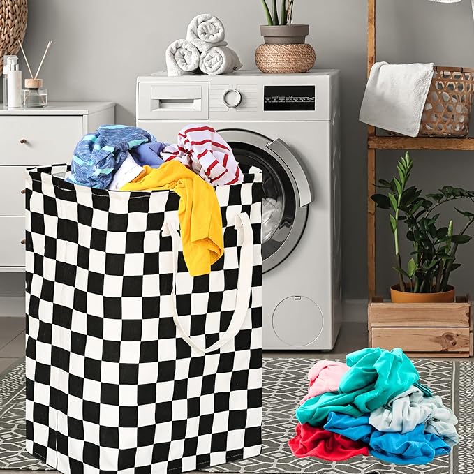 Checkered Laundry Basket Foldable Kids Hamper Storage Bins Women Waterproof Organizer Toy Box Large Canvas for Home/Dorm/Kitchen/Pet/Office/Closet/Shelf/Living Room Decor Baskets