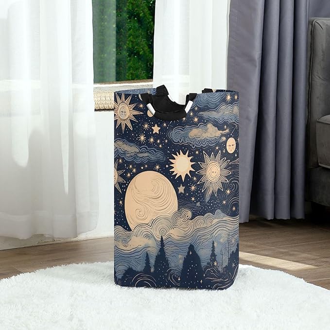 xigua Stars and Moon Large Laundry Hamper with Handle, Foldable Clothes Hamper Collapsible Storage Basket for Toys and Clothes Organization in Bedroom, Bathroom, and Laundry Room