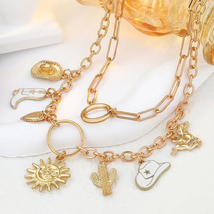 Chunky Gold Necklace for Women Gold Evil Eye Cowboy Pendant Necklace Dainty Paperclip Chain Vintage Luck Amulet Choker Necklaces Celestial Jewelry Gift
