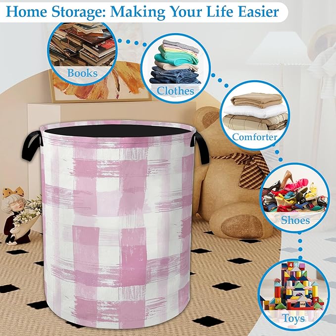 Pink Plaid Laundry Basket Collapsible Laundry Hamper with Handle, Oxford Clothes Toy Storage Bin for Bathroom Bedroom Room Decor, Gift Basket 16" X 20.8"