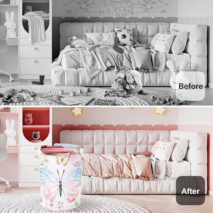 3D Pastel Butterfly Baby Laundry Hamper Collapsible Clothes Kids Storage Basket Large Girls Gift Toy Box Bin for Bedroom, Colorful, 63L