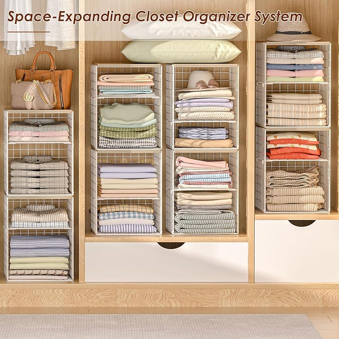 4-Tier Stackable Closet Organizers and Storage, Adjustable Dividers & Wood Top Storage Shelves for Clothes, Wardrobe & Closet Storage Basket Bins/Cube, Space-Saving Closet Organizer System, White