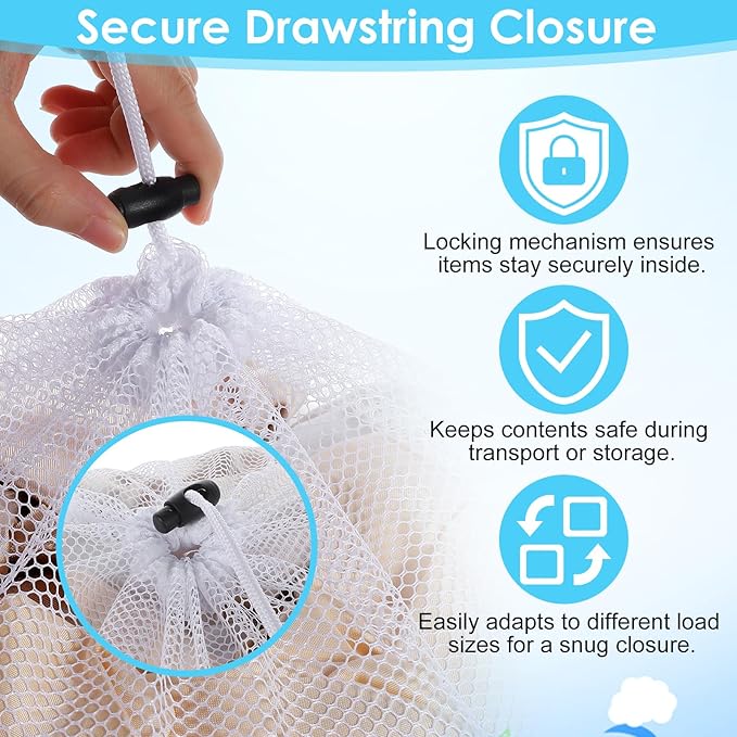 Thinp 3 Pcs Mesh Laundry Bags with Drawstring, Mesh Wash Bags Garment Bag for Washing Machine Heavy Duty Net Washing Bag Net LaundryBag for Dormitory College Apartment Travelling Camping (White)