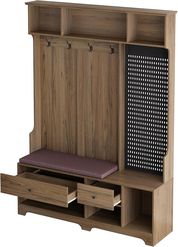 All-in-One Design Hall Tree with Removable Linen Cushioned, Entryway Bench, Coat Rack, Storage Shelves, DIY Pegboard, 4 Hooks, Multi-Purpose Hall Tree for Hallways Living Room