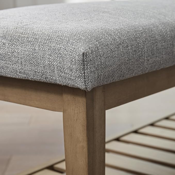 Entryway Bench, Chenille Upholstered Shoe Benches for Bedroom, Ottoman Benches with Solid Wood Shelf, Storage Bench for Hallway, Living Room(Grey)