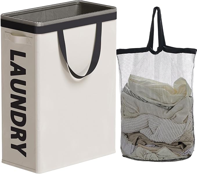 Slim Laundry Hamper with Removable Inner Bag and Side Handles, 45L Small Laundry Baskets to Store Clothes, Narrow Dirty Clothes Hamper for Laundry Room, Bathroom, Bedroom, and Living Room - Beige