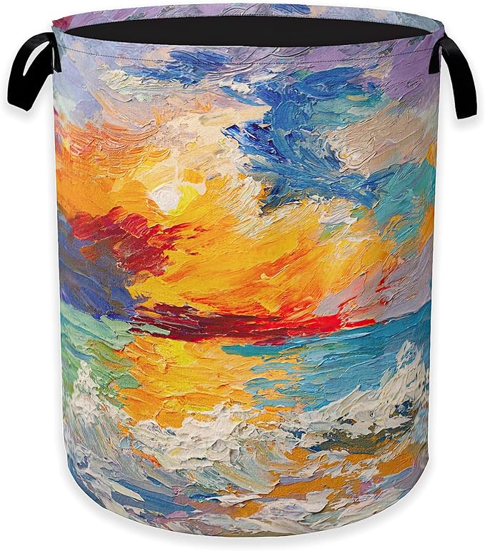 Sea Sunset Laundry Hamper,Abstract Oil Painting Clothes Hamper for Laundry,Waterproof Oxford Toy Storage Collapsible Hampers for Bedroom, Dorm Room,Bathroom,16x20 Inch