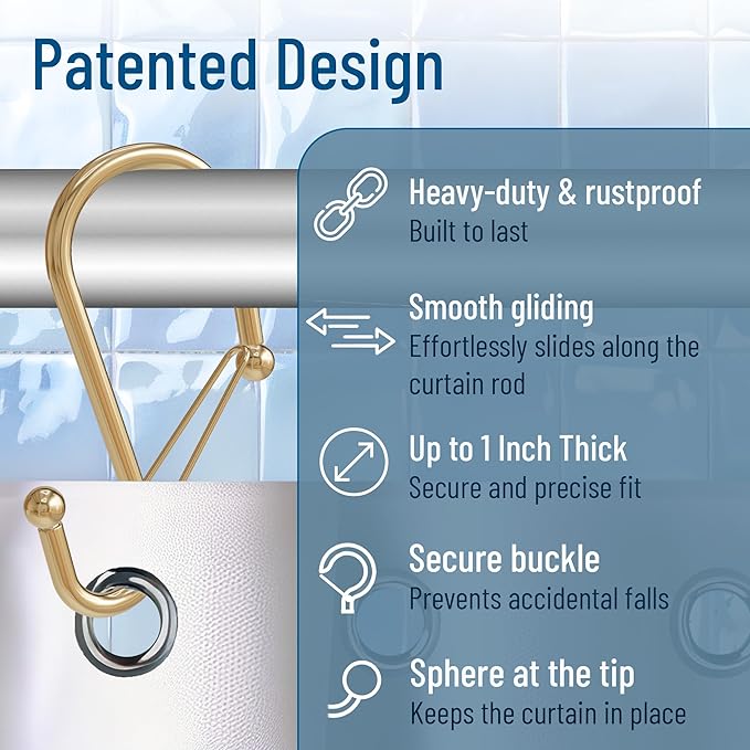 12 Decorative Metal Shower Curtain Hooks, S-Shaped Hooks with Anti-Fall System, Rust-Proof Shower Rings with Safety Buckle, Fits Rods Up to 1-Inch Diameter (S, Gold)