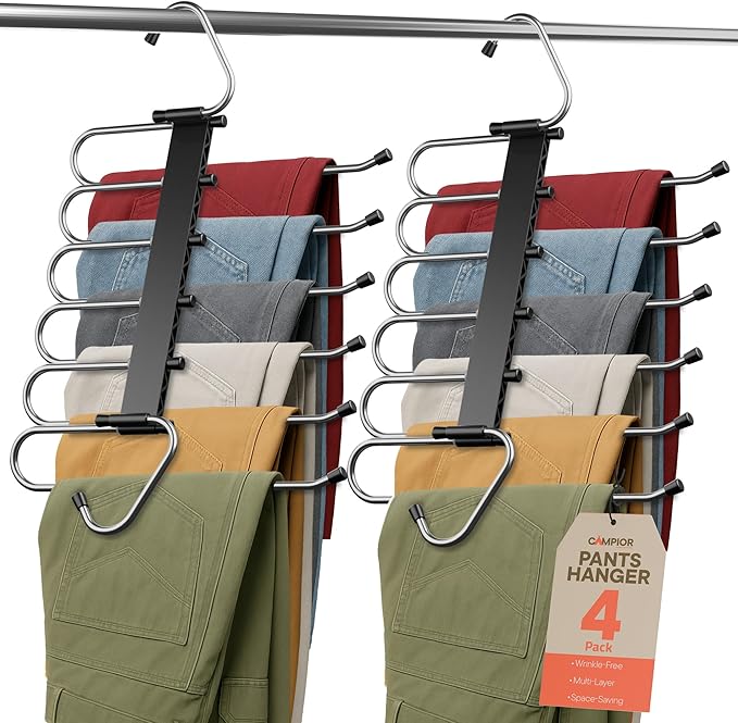 Black Space Saving Pants Hangers 4 Pack, 6 Layer Jeans Hangers and Closet Organizer for Jeans, Scarves, Skirts, Multi-Layer Hanger with Anti-Slip Coating & Stopper, Heavy-Duty S-Type Stainless Steel