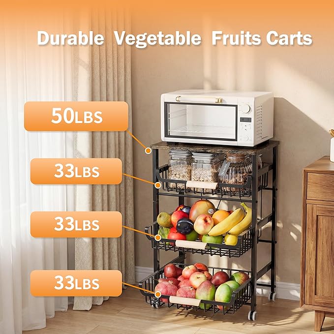 JAQ Fruit Vegetables Carts, 4-Tier Slide Out Metal Storage Baskets Stand Organizers with Wood Top and Handle on Rolling Wheels for Onions in Kitchen Pantry Fruteros para Cocina -(Black, 4 Layer)