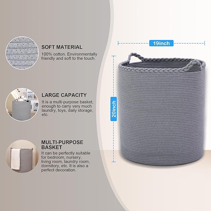 90L Oversize Woven Laundry Basket,Cotton Tall Laundry Hamper for Blankets,Clothes,Pillows,Toys,Shoes Large Laundry Bin Grey
