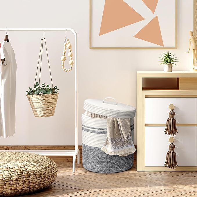 Laundry Hamper with Lid, Woven Laundry Basket，Blanket and Toy Storage Basket for Living Room, Bedroom, Bathroom, Nursery（Grey and White，40L）