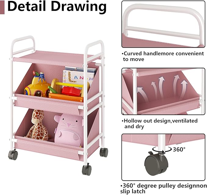 Buzowruil Utility Rolling Fabric Storage Rack Trolley Toy Cart Trolley with 2 Large Storage Boxes,Wheels, Suitable for Bedroom, Living Room, Entryway, Pink