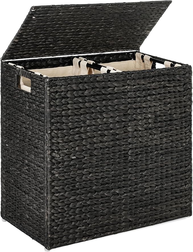 Best Choice Products Large Double Laundry Hamper with Lid, Natural Handwoven Water Hyacinth, 2 Sections w/ 2 Machine Washable Linen Liner Bags, Portable, Handles - Black