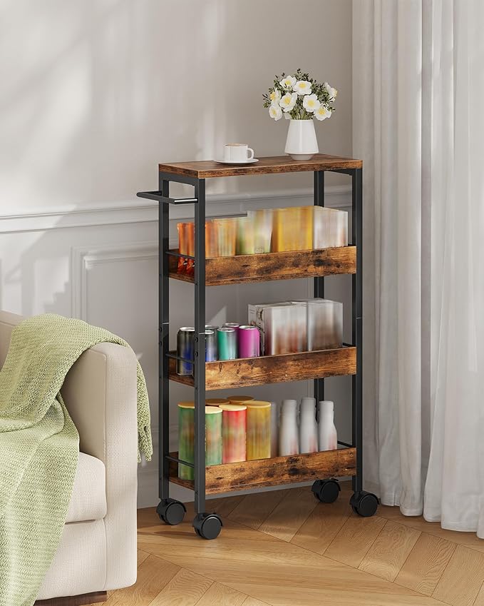 4-Tier Slim Storage Cart, 7.1'' Kitchen Serving Trolley, Slim Rolling Cart with Handle and Guard Rails, Slim Cabinet for Small Spaces, for Dining Room, Rustic Brown and Black TTC02BF