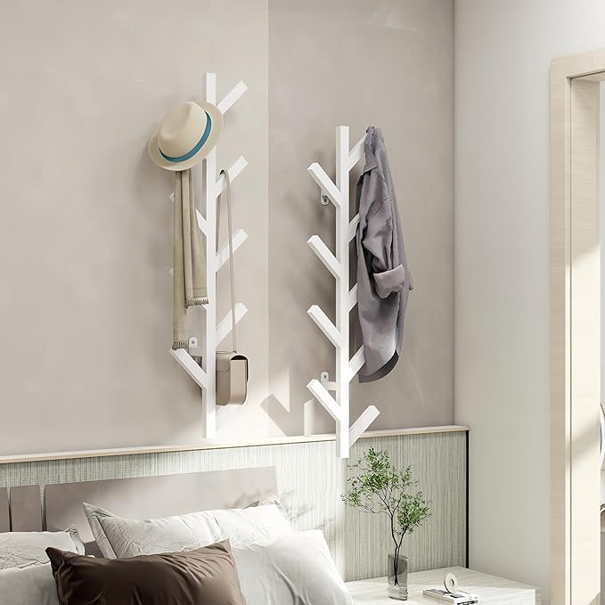 2 Pack Vertical Coat Rack Wall Mounted - 9 Hooks, Coat Hooks for Wall, Modern Metal Coat Tree for Hats, Jackets, Bags, Entryway Bedroom-White (Height 37.8")