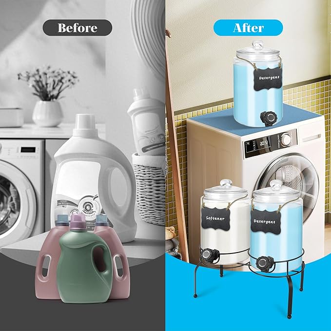 Glass Laundry Detergent Dispenser 1 Gallon 2 Pack, 2 Gallon Laundry Soap Dispenser with Stand, Glass Jars Laundry Containers for Laundry Room Organization & Storage