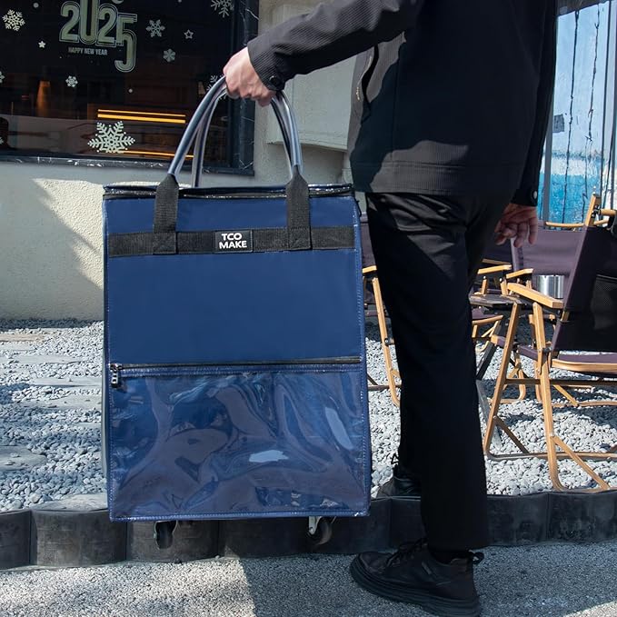 Reusable Grocery Bag on Wheels, (Medium, DK Blue) Rolling Shopping Bags with Wheels and Handle, Folding Rolling Tote Trolley, 3 Pockets and Zipper Cover, Carries Up to 46 LBS