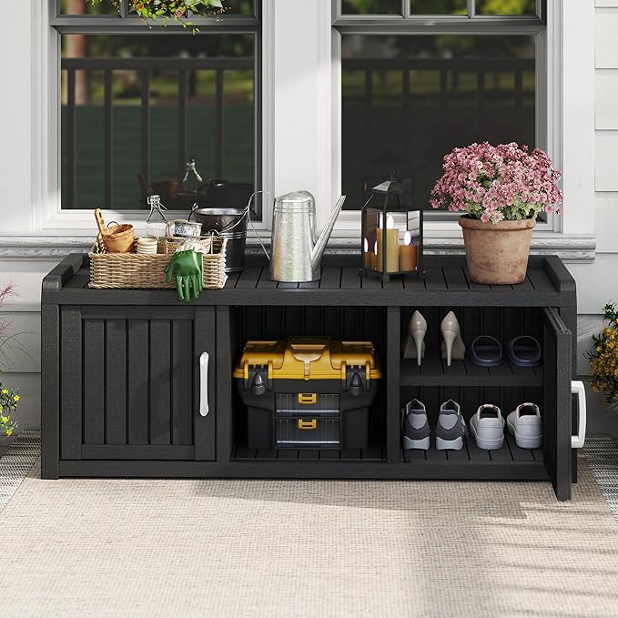 KAMABOKO Shoe Storage Cabinet Waterproof UV-Resistant, Entryway Storage Bench Indoor Outdoor with 2 Doors, Adjustable Shelves for Entryway, Bedroom, Hallway,Living Room(Black)
