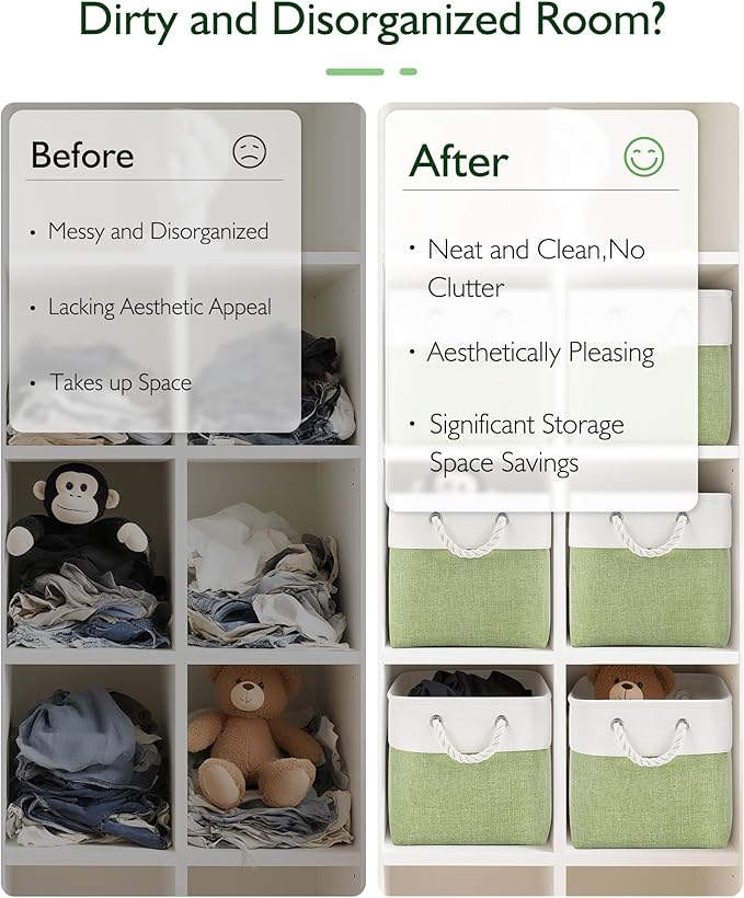 11 Inch Cube Storage Bins, 4 Pack Fabric Storage Cubes with Rope Handles, Organizer Baskets for Closet Shelves, Clothes and Home Organization(White/Green)