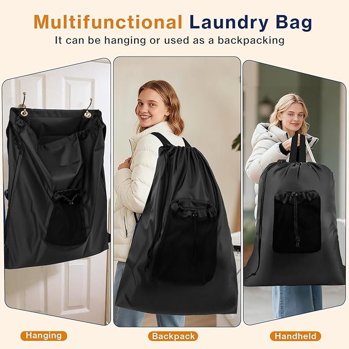 2-Pack Backpack Laundry Bags, Heavy Duty Laundry Bag Backpacks with Adjustable Shoulder Straps, Door Hanging Washing Bag, Laundry Hamper Lining for College Dorm, Travel, Laundromat