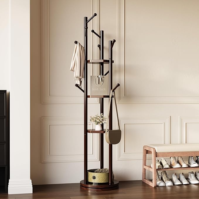 Solid Wood Coat Rack Freestanding, Rotating Coat Rack with 3 Shelves and 9 Hooks, Coat Tree for Bedroom, Entryway, Livingroom, Coat Hanger Stand for Coats, Scarves, Handbags (Brown)