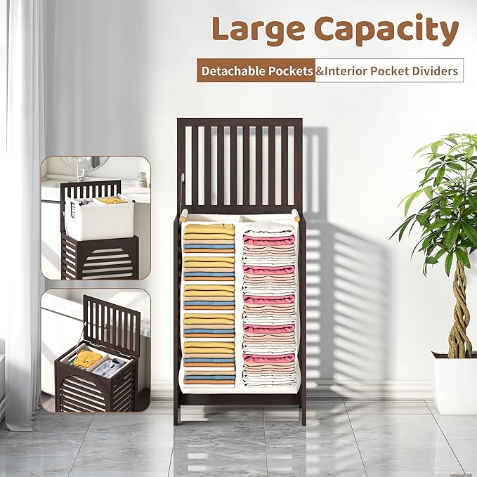 FILWH Laundry Hamper with Lid (16.9 * 13 * 26.5inches) Large Bamboo Laundry Bin Basket 85L Clothes Hamper with 1 Removable Bag Storage baskets for Bathroom(Brown)