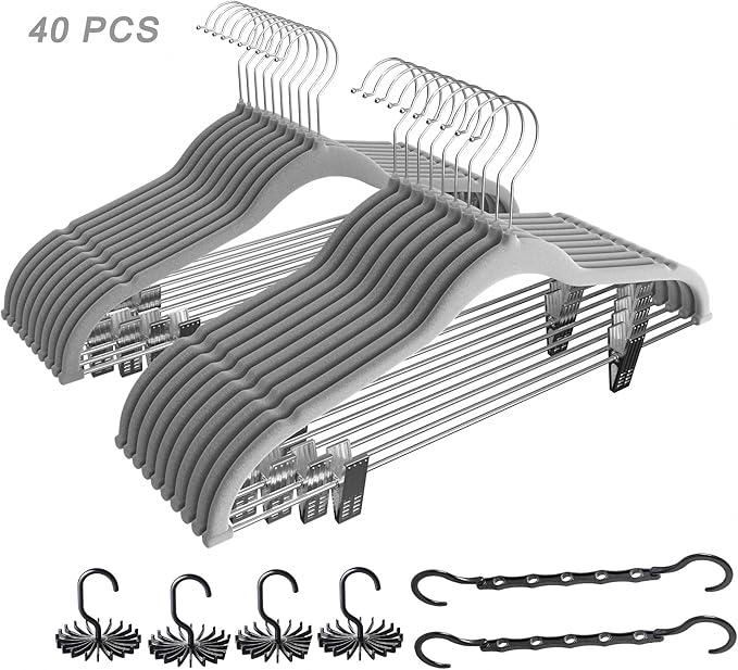 VECELO 40 Pack Velvet Clothes Hangers with Adjustable Clips,Heavy-Duty Non Slip & Space-Saving with 1 Magic Hangers & 2 Tie Rack for Suit Coat Pants Skirt Dresses