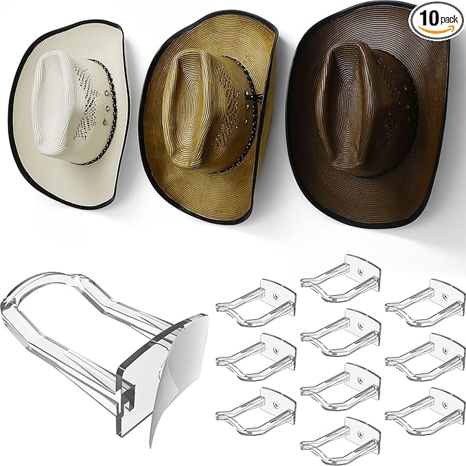 Modern JP Adhesive Cowboy Hat Hooks for Wall (10-Pack) – 3-Inch Wall Mount for Secure Hold, Wide Brim Hat Organizer, Western Room Decor – Clear