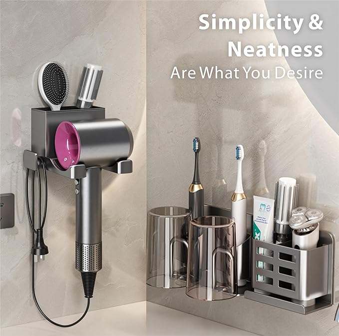 Hair Dryer Holder Wall Mounted, Bathroom Space-Saving Blow Dryer Organizer, Self Adhesive Magnesium Aluminum Alloy Compatible for Dyson Hair Dryer Wall Mounted