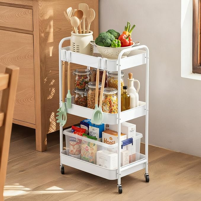 JAQ Makeup Carts, 3-Tier Metal Rolling Utility Storage Organizer Cart Shelf with Wheels for Craft Office Supplies Diapper Snack in Bathroom Kitchen Laundry Classroom Dorm -(3-Tier,White)