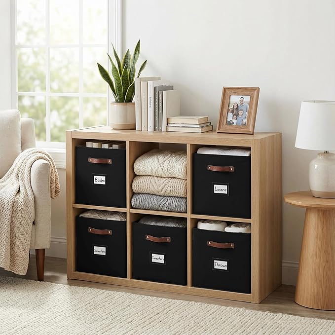 DECOMOMO Storage Cubes, 13x13x13 Storage Cube Bins with Labels, Fabric Organizer Bins (13" / 6pcs, Black)