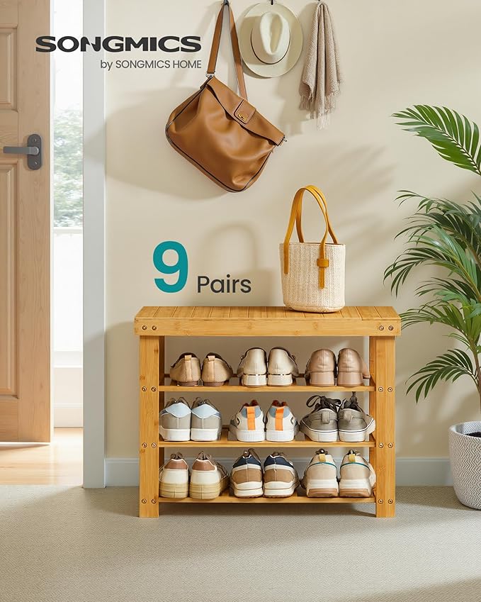 SONGMICS Shoe Rack Bench, 4 Tier Bamboo Shoe Storage Organizer, Entryway Bench, for Living Room, Bathroom, Bedroom, 11.3 x 27.6 x 20.5 Inches, Light Bamboo ULBS370YL01
