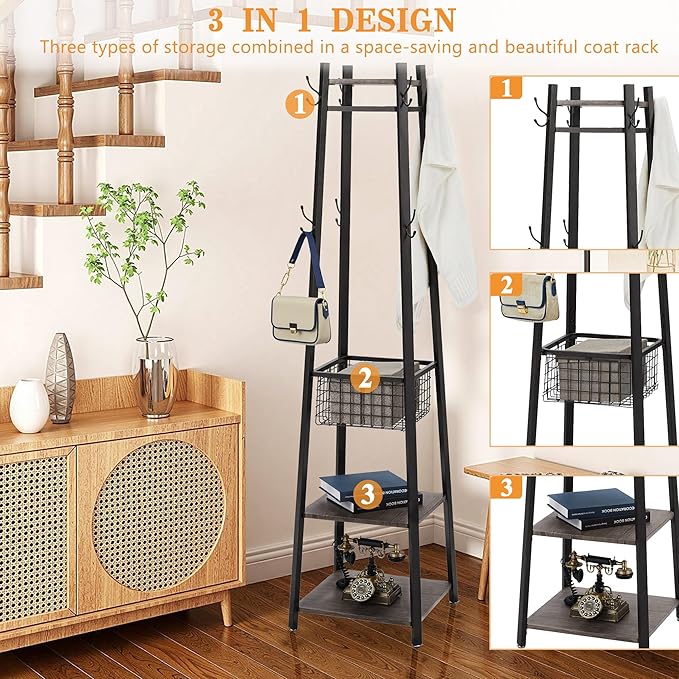 VECELO Coat Rack Freestanding,Hall Tree with Metal Basket and Storage Shelves,Industrial Coat Rack Stand with 8 Hooks for Hanging Coats/Hats/Bags/Umbrellas,18 x 18 x 72 In,Antique Brown