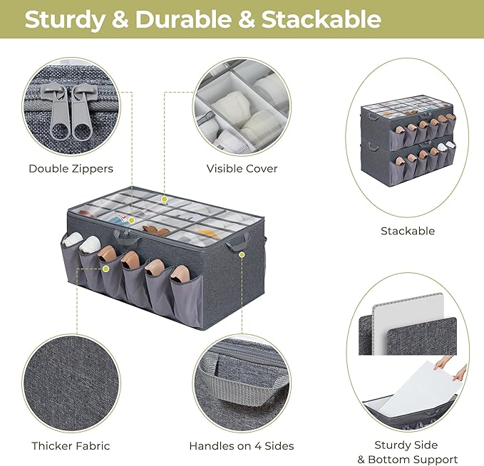Shoe Organizer for Closet, Shoe Storage Solution with Clear Cover & Adjustable Dividers, Fabric Shoe Box Fits 16 +12 Pairs Shoes, Grey, 2-Pack
