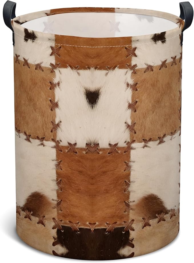 Cows Print Laundry Basket, Collapsible Waterproof Oxford Cloth Laundry Hamper, Vintage Round Kids Toys Storage Basket as Room Decor, Farmhouse Dirty Clothes Hamper for Bedroom Bathroom Dorm (Brown)