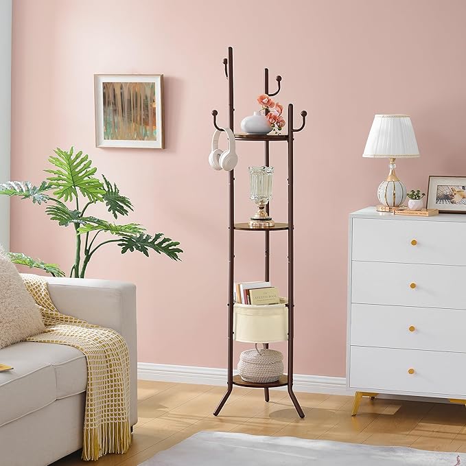 Hoctieon Coat Rack Freestanding, Round Coat Rack with 3 Wooden Shelves and 1 Fabric Basket, Metal Clothes Tree with 5 Hooks, Coat Hanger Stand for Clothes, Hats, Bags, Rustic Brown