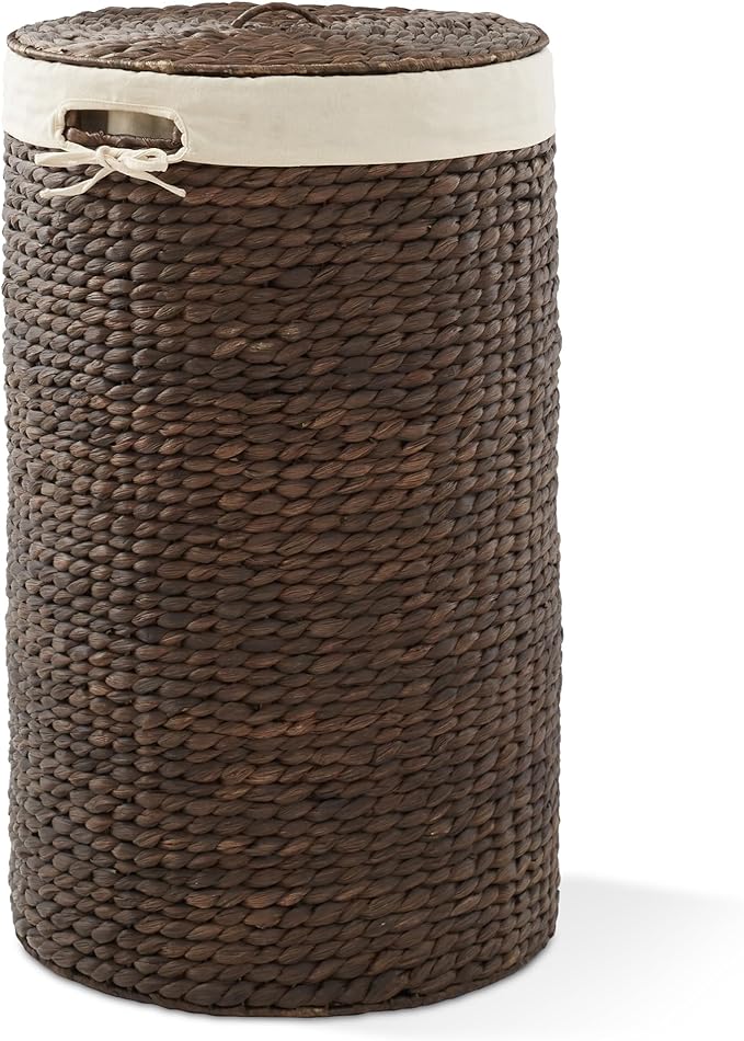Casafield Round Laundry Hamper with Lid and Removable Liner Bag - Espresso Dark Brown, Woven Water Hyacinth Wicker Laundry Basket for Clothes, Towels